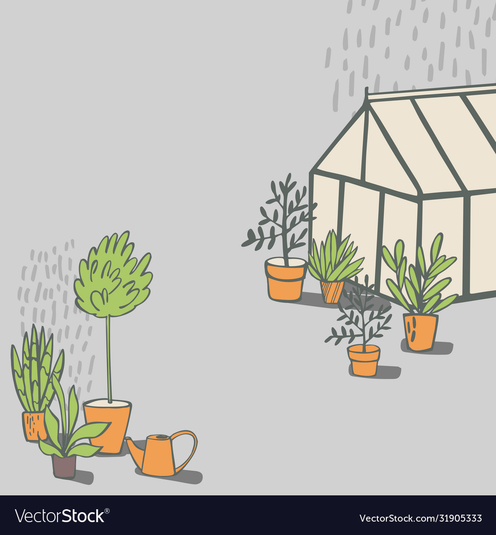 Handgezeichnete Hauspflanzen und Gewächshausskizze vector image Handgezeichnete Hauspflanzen und Gewächshausskizze