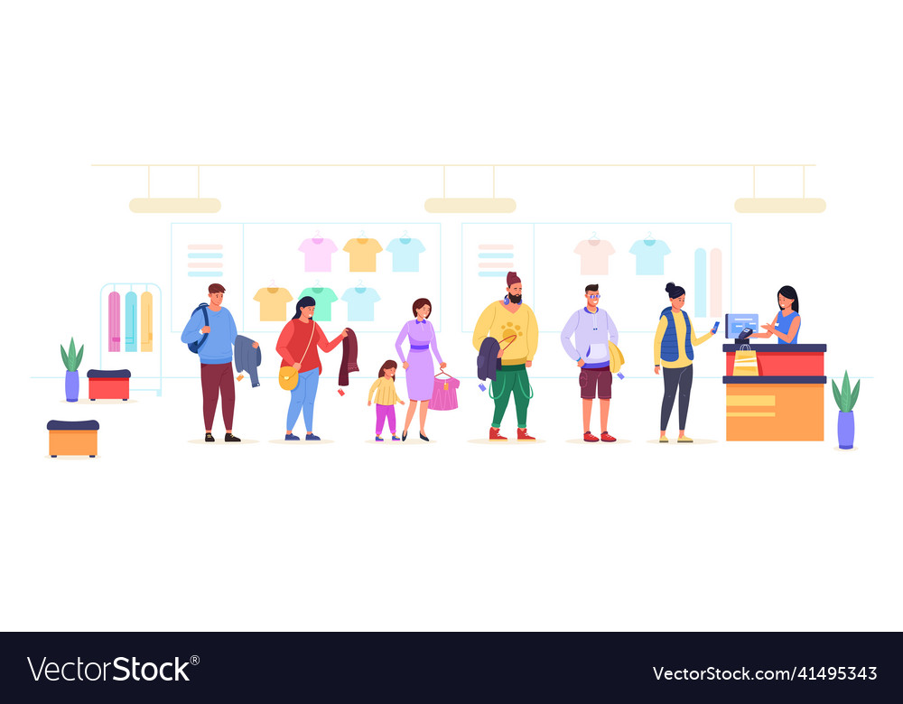 Clothes shopping queue shoppers queues at counter vector image Clothes shopping queue shoppers queues at counter