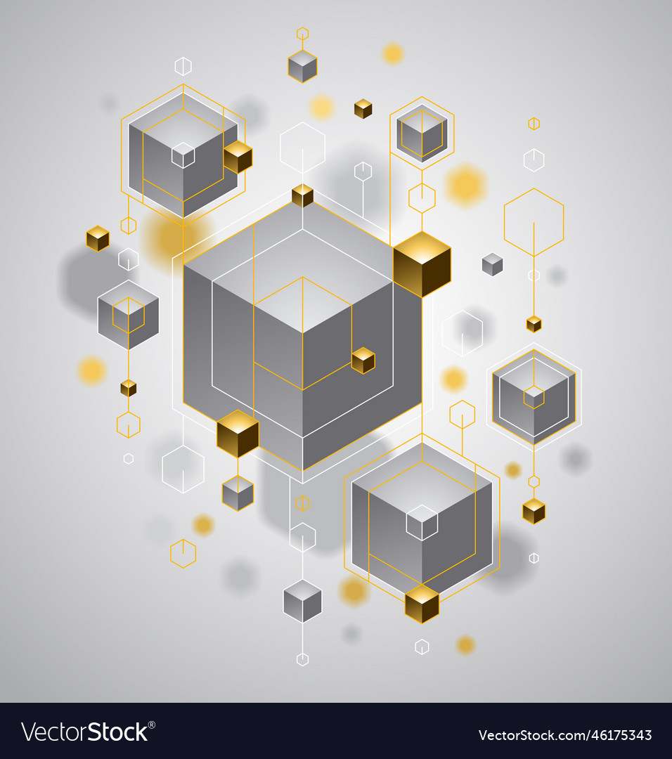 Cubes cluster with golden elements lines and dots vector image Cubes cluster with golden elements lines and dots
