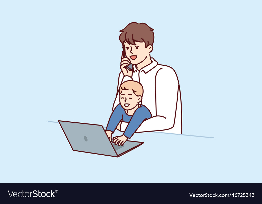 Father freelancer with baby in arms works