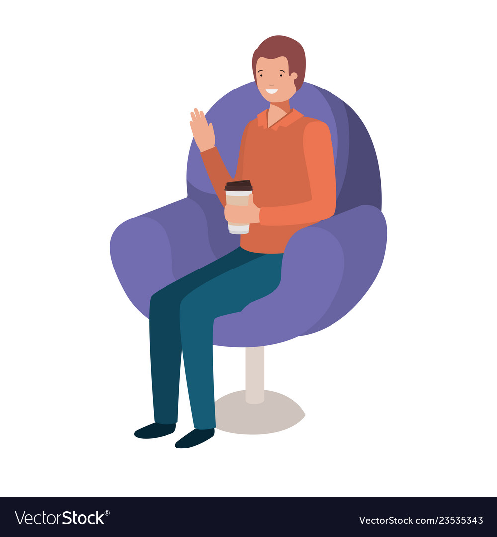 Man sitting in chair with container coffee avatar