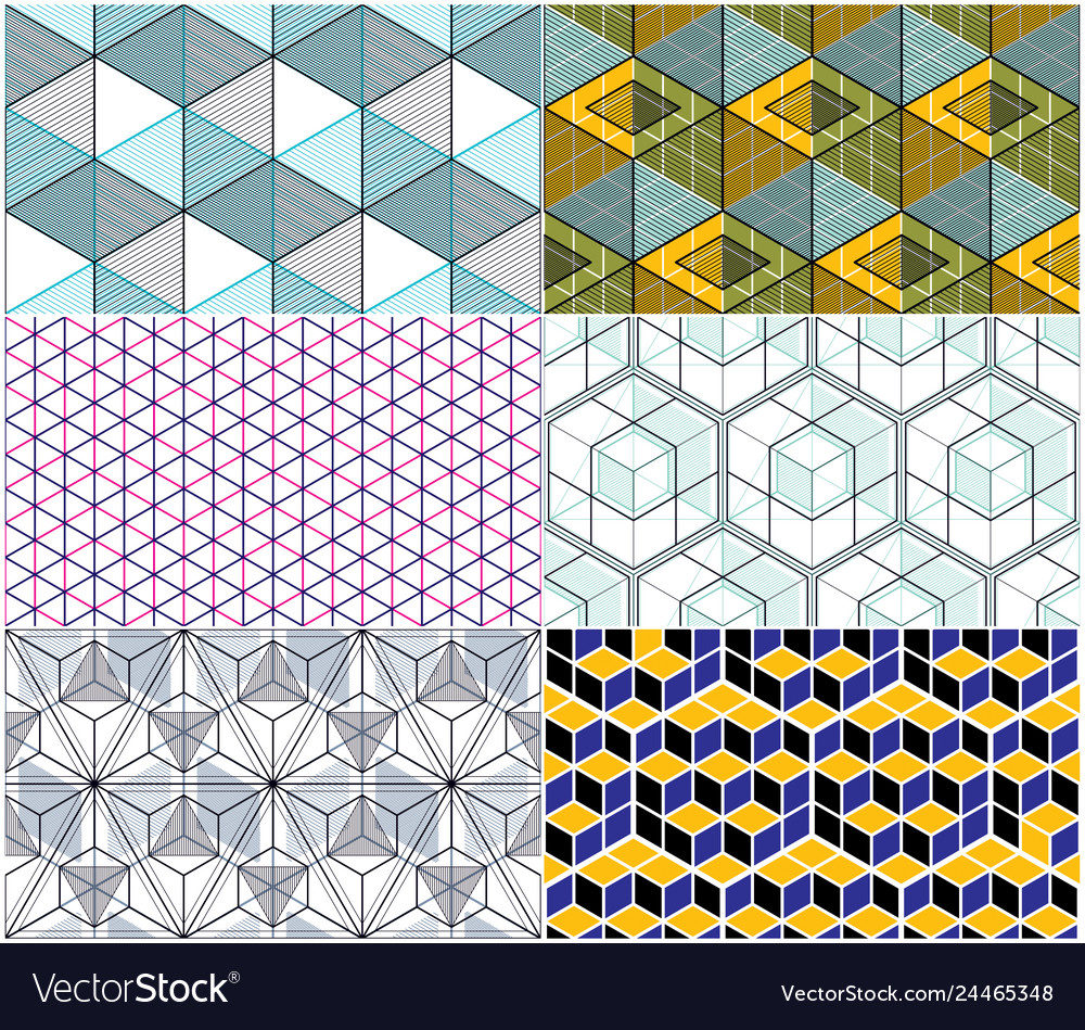 Geometric cubes abstract seamless patterns set 3d vector image Geometric cubes abstract seamless patterns set 3d