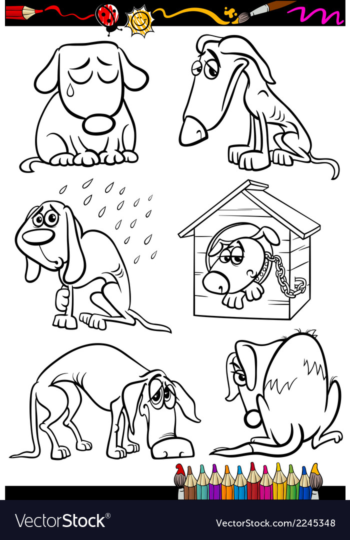 Sad dogs group cartoon coloring book Royalty Free Vector