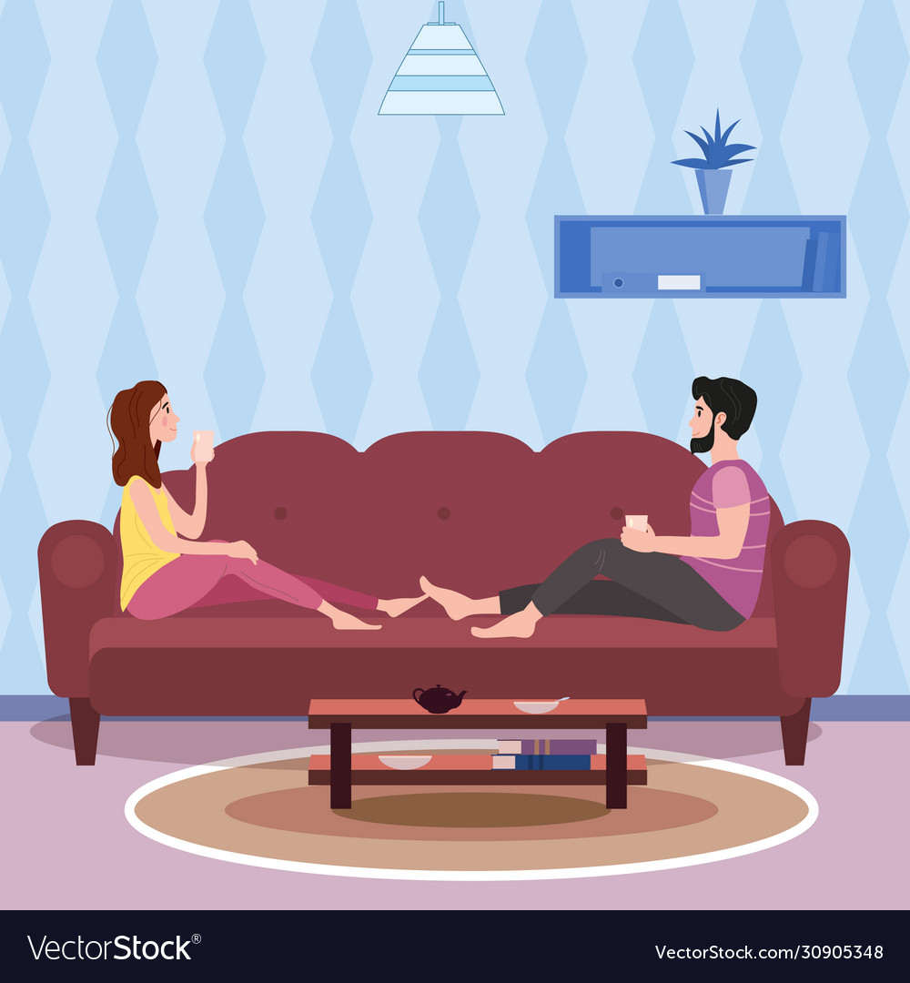 Young couple drinks coffee or tea in a cozy cute vector image Young couple drinks coffee or tea in a cozy cute
