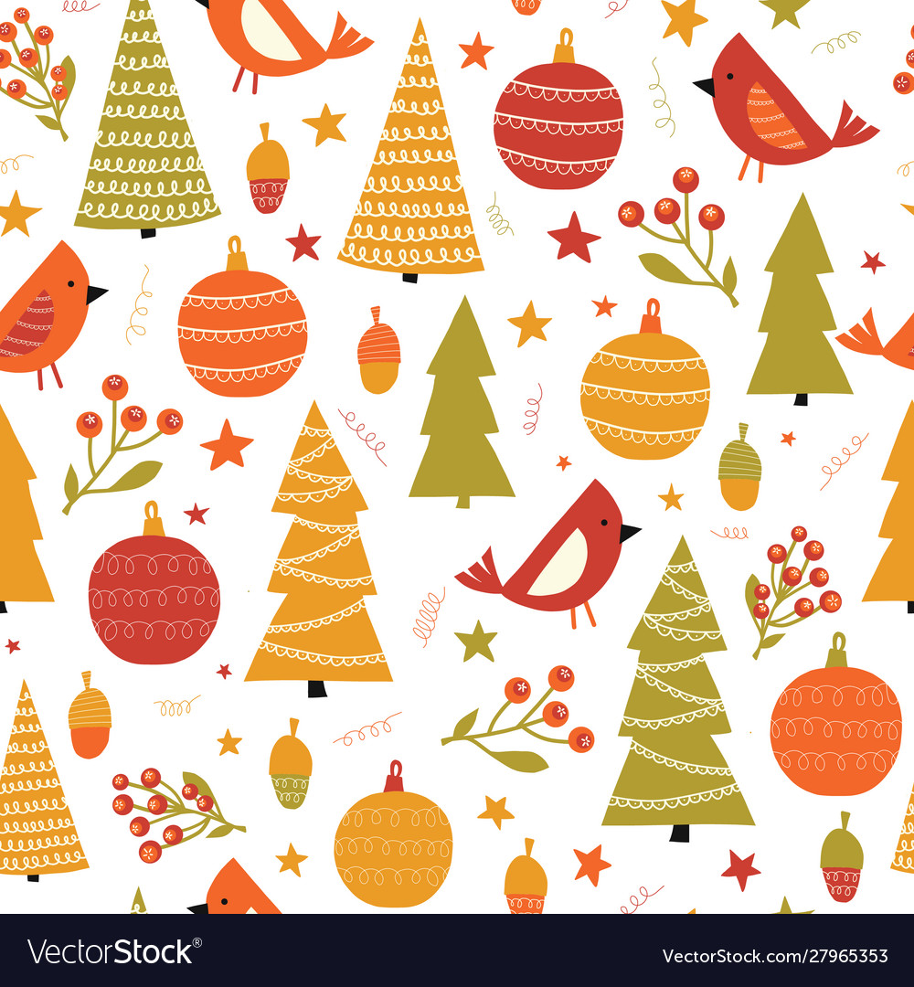 Christmas Birds Ornaments And Trees Seamless Vector Image