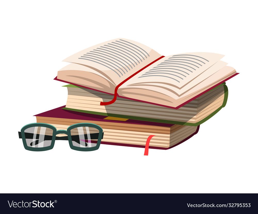 Open book on pile with eyeglasses isolated vector image Open book on pile with eyeglasses isolated