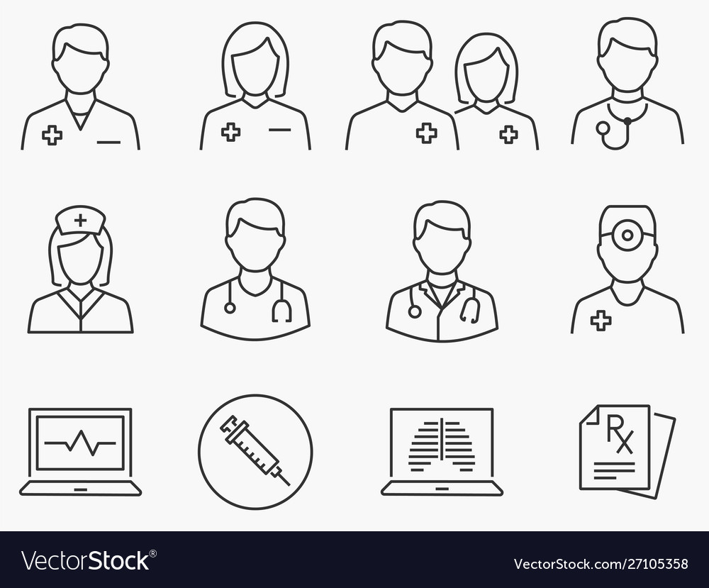 Doctor and nurse line icons set black Royalty Free Vector