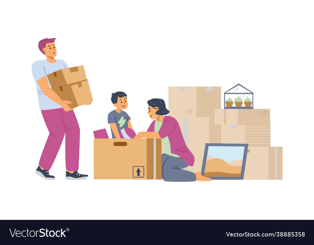 Family moving new house and packing boxes flat Vector Image