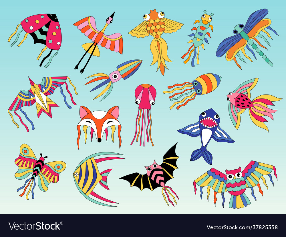 Kites animals flying colored kites for happy kids Vector Image