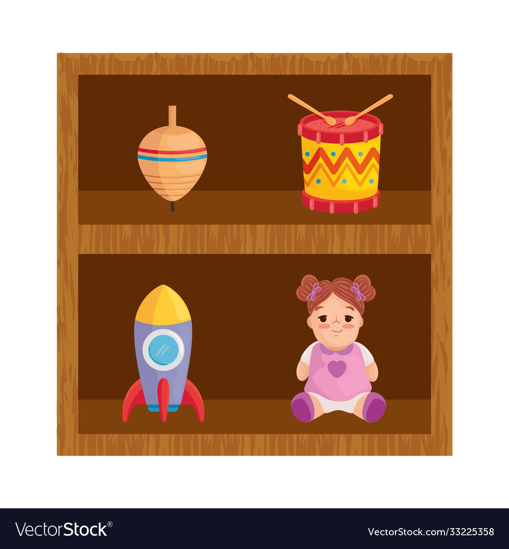 Wooden shelving with toys child