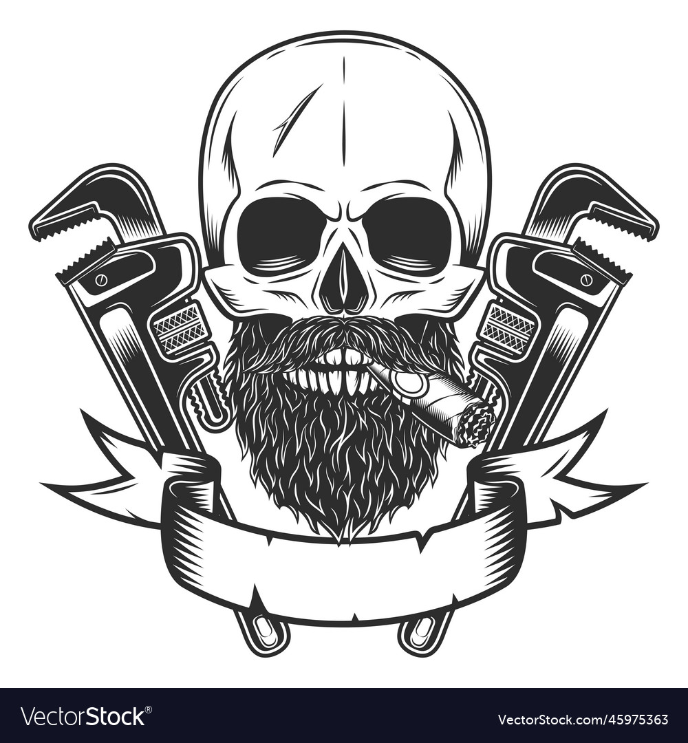 Skull smoking cigar with beard and wrench Vector Image