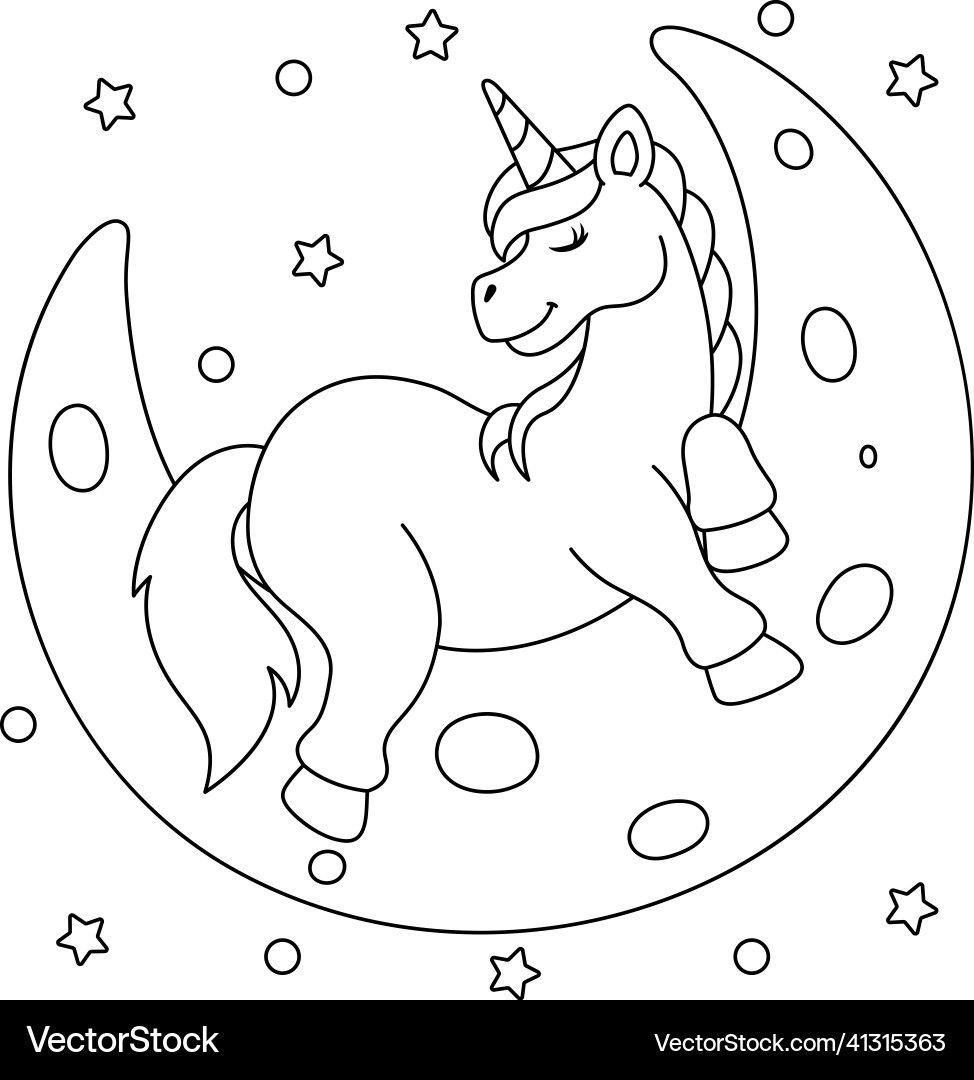 Unicorn sleeping on the moon coloring page Vector Image
