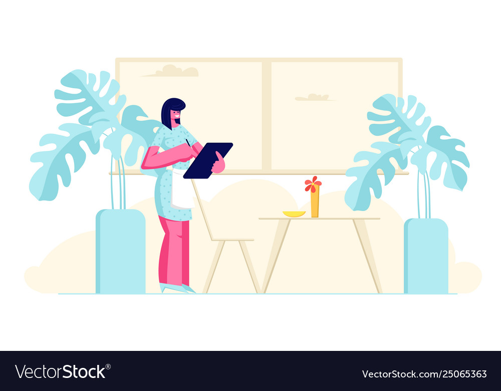 Waitress in apron writing order into notebook