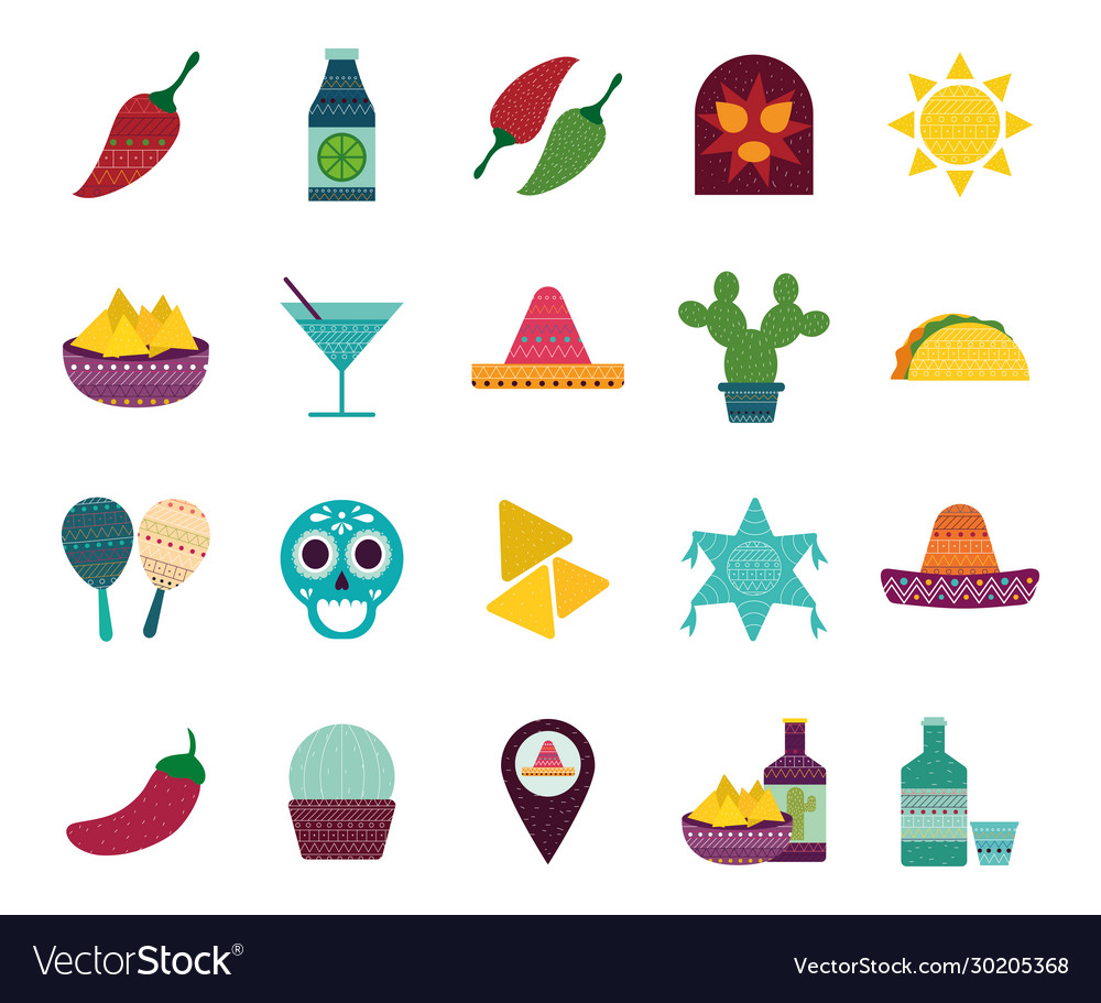 Mexican flat style icon set design Royalty Free Vector Image