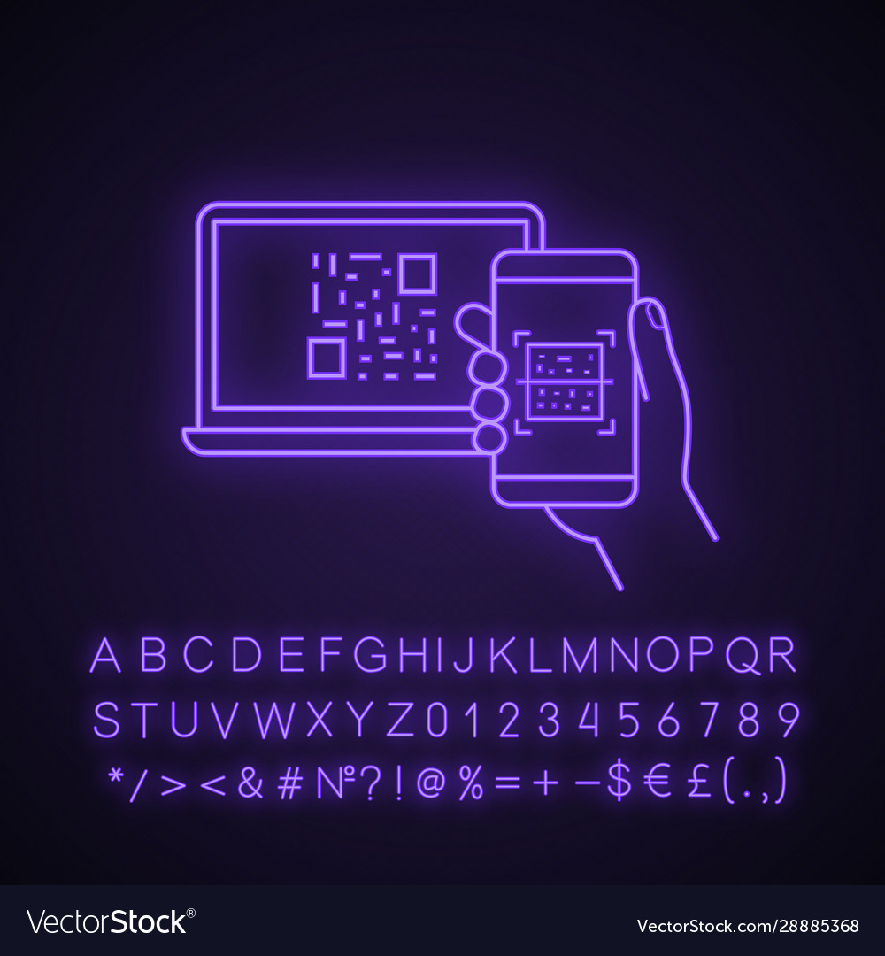 Qr code scanning smartphone app neon light icon vector image Qr code scanning smartphone app neon light icon