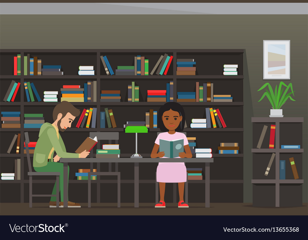 Students reading textbook in library flat vector image Students reading textbook in library flat