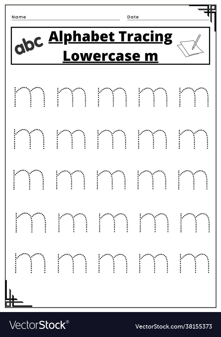 Alphabet tracing lower case m worksheet Royalty Free Vector