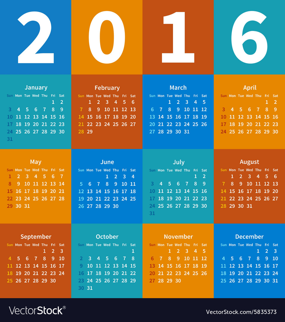 Calendar 2016 year in flat color Royalty Free Vector Image