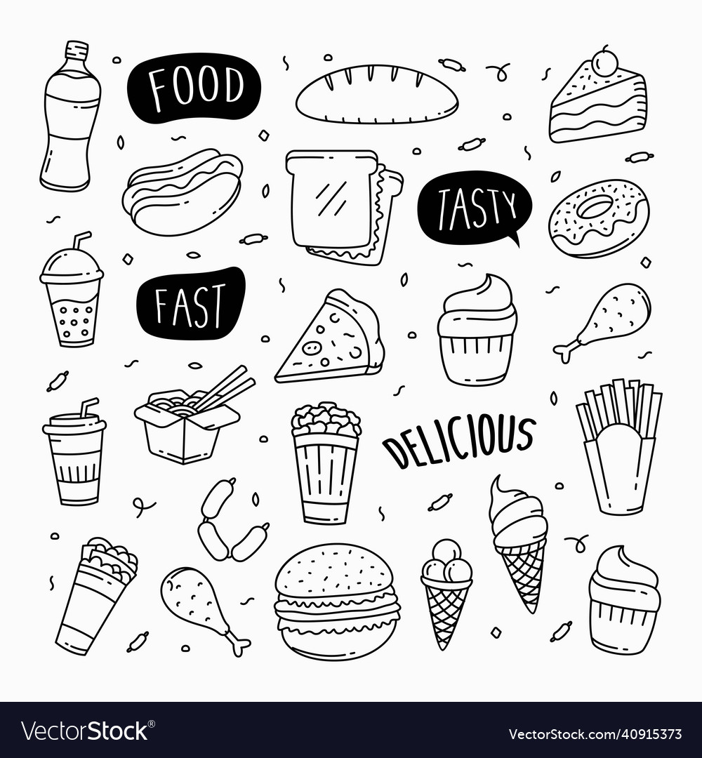 Fast food doodles hand drawn line art Royalty Free Vector