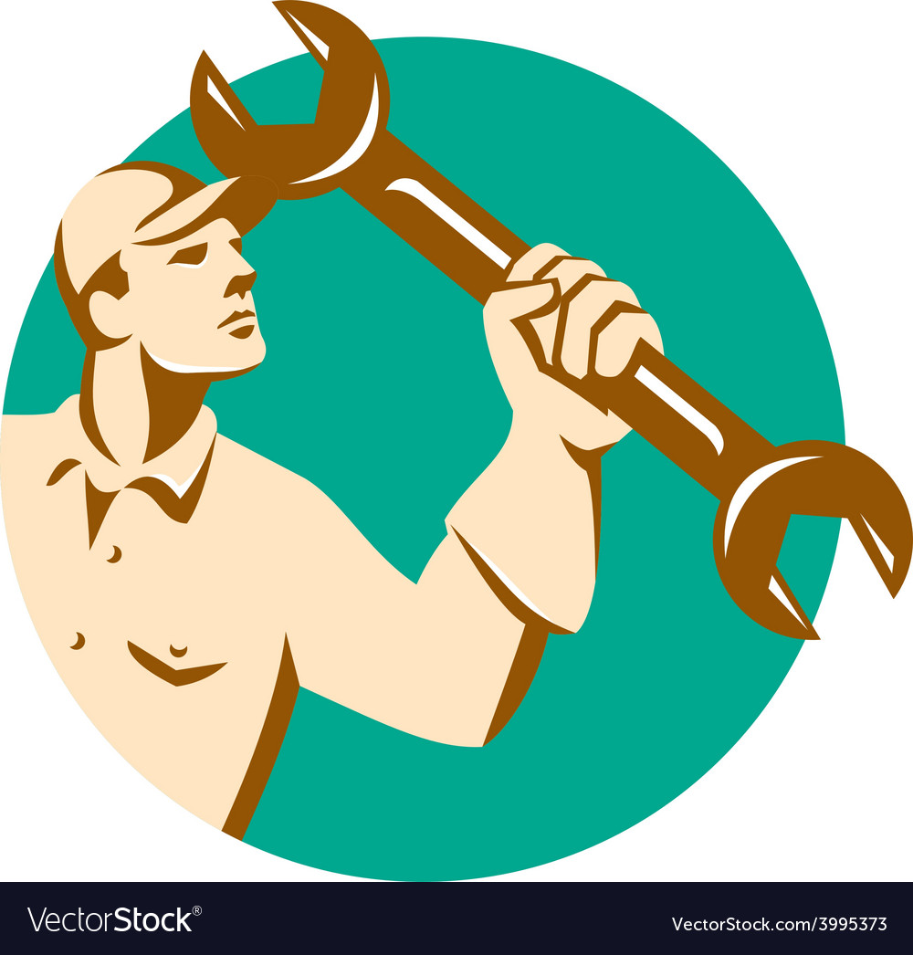 Mechanic wielding spanner wrench circle retro Vector Image