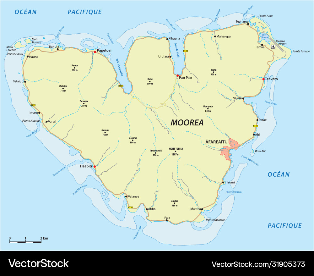 Road map french polynesia island moorea Royalty Free Vector