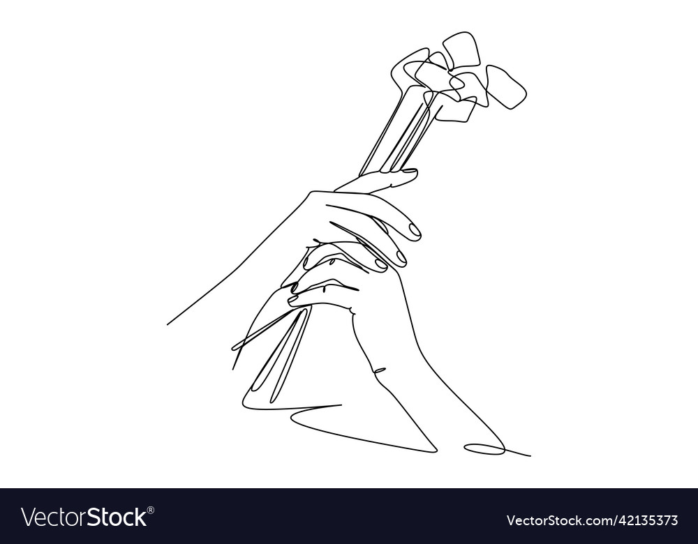 Single continuous line holding flowers isolated vector image Single continuous line holding flowers isolated