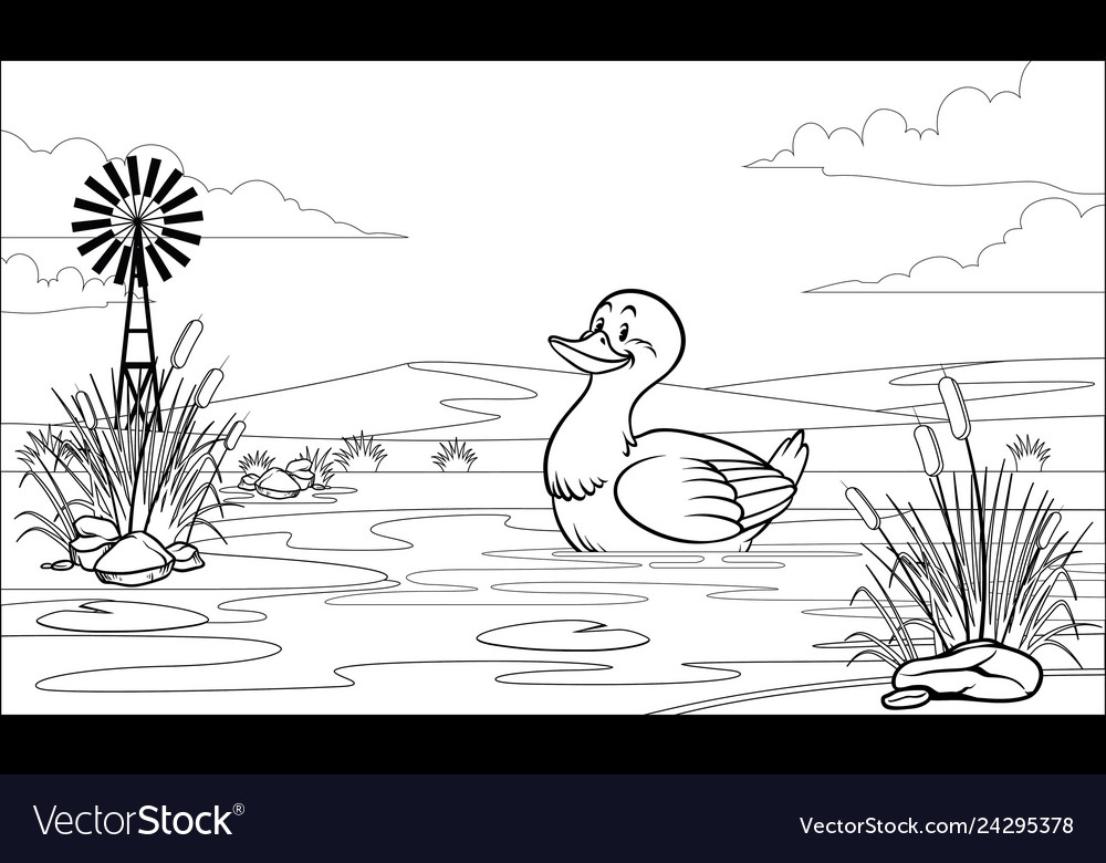 Black And White Coloring Page Duck In Pond Vector Image