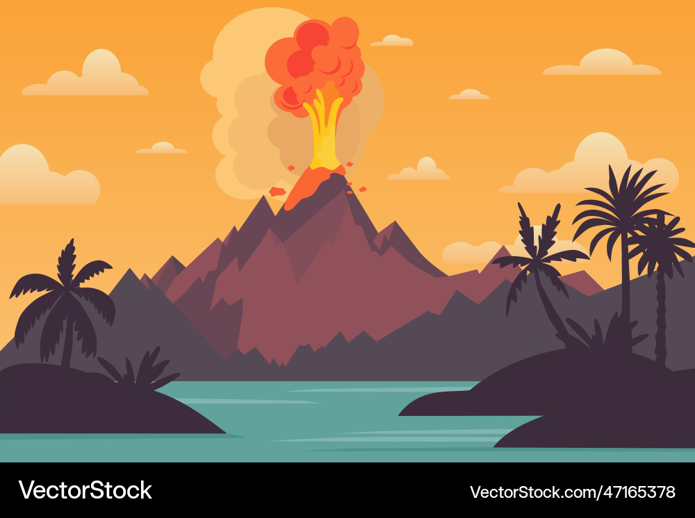 Volcano eruption flat background nature landscape Vector Image