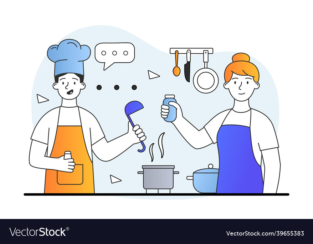 Cheerful male and female characters are cooking vector image Cheerful male and female characters are cooking