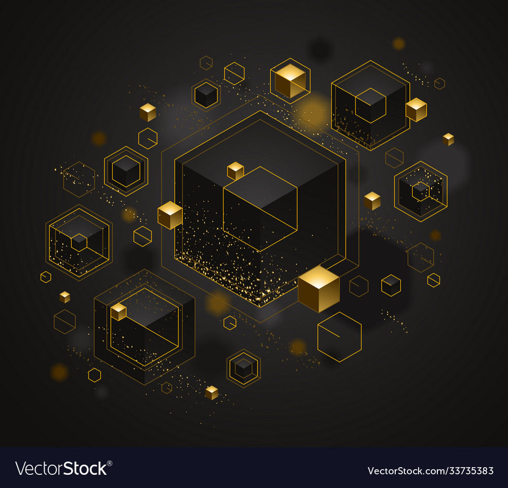 Cubes cluster with golden elements lines and dots vector image Cubes cluster with golden elements lines and dots