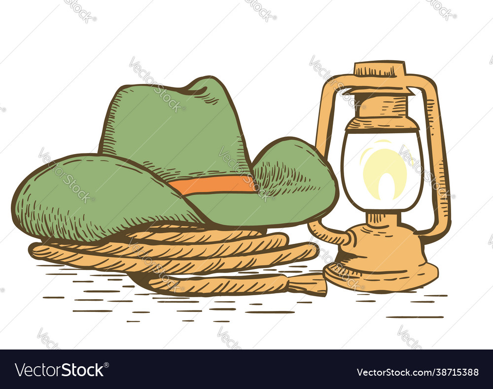 Cowboy hat and lasso on farm vintage hand drawn Vector Image