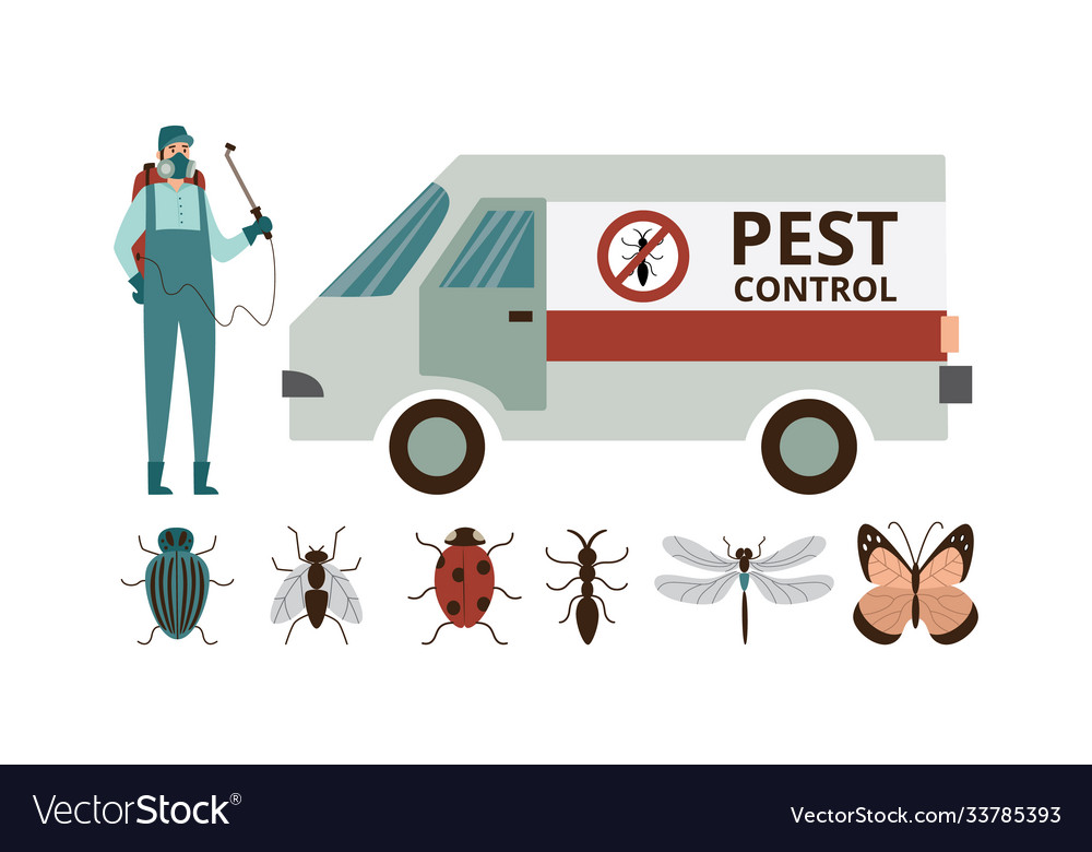 Pest control set with worker and insects flat