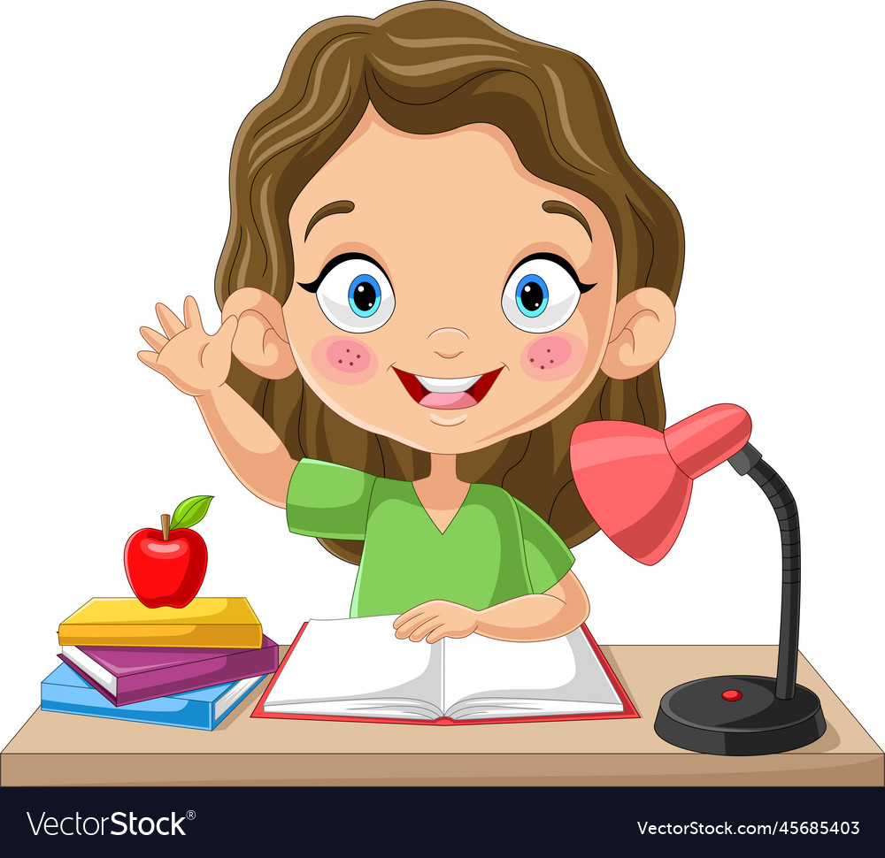 Cartoon little girl studying on the desk Vector Image