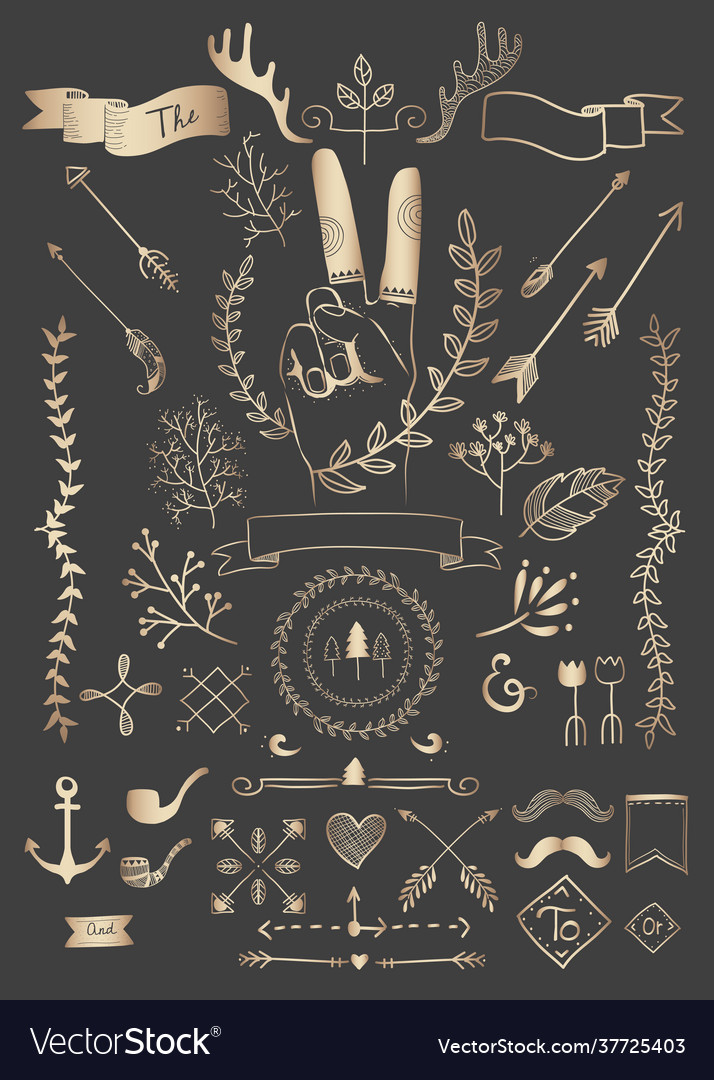 Hand drawn boho doodle element collection vector image Hand drawn boho doodle element collection