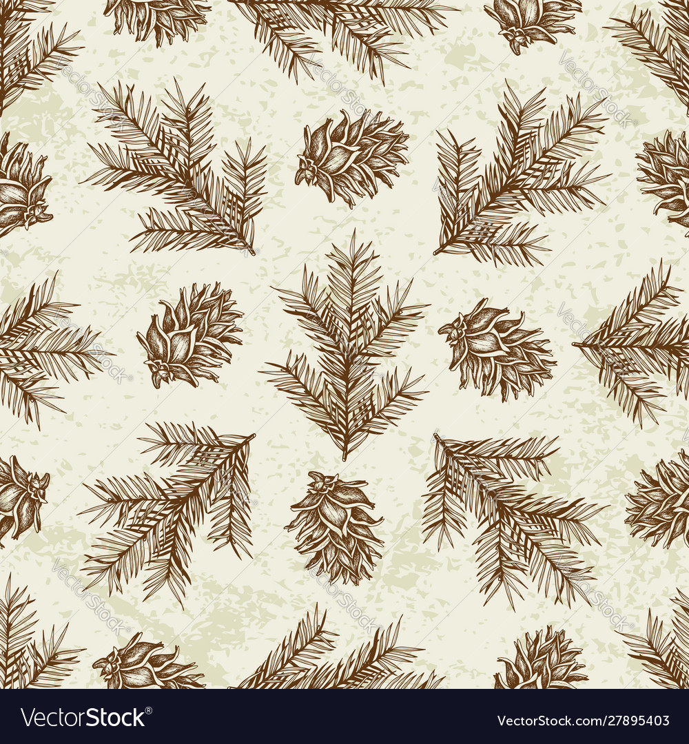 Seamless pattern with fir branches and cones