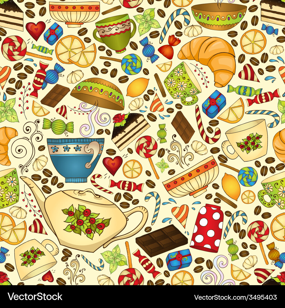 Tea coffee and sweets seamless pattern Royalty Free Vector