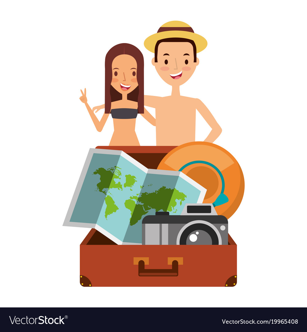 Cute couple tourists suitcase camera map and hat