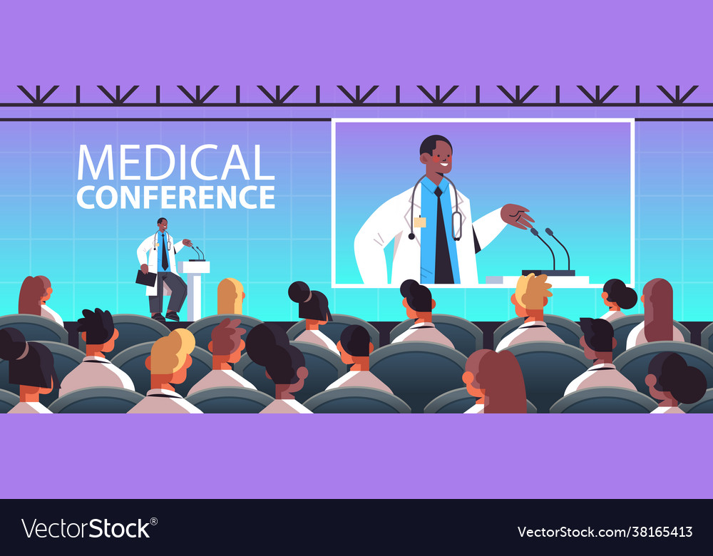 African american male doctor giving speech Vector Image