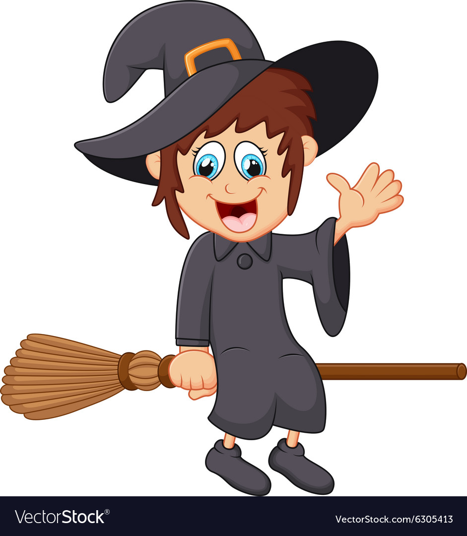 Cartoon young witch flying on her broom Royalty Free Vector