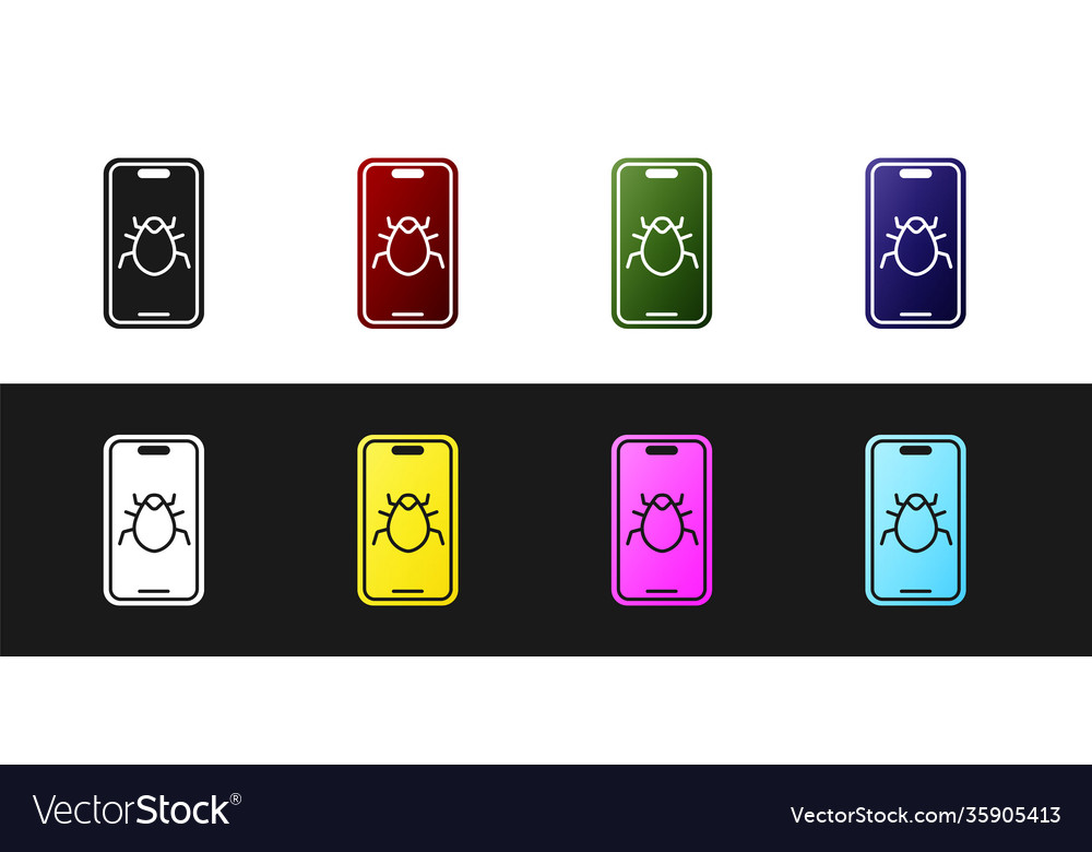 Set system bug on mobile icon isolated black vector image Set system bug on mobile icon isolated black