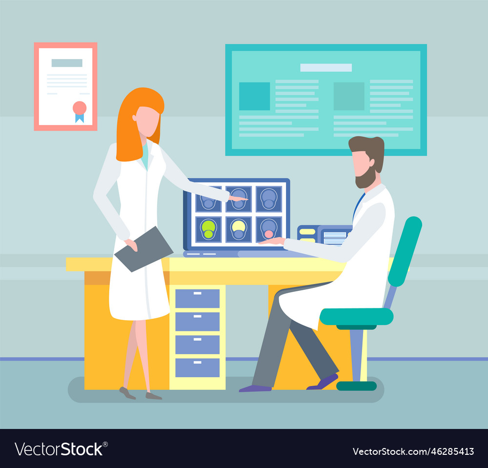 Two doctors discussing magnetic resonance imaging Vector Image