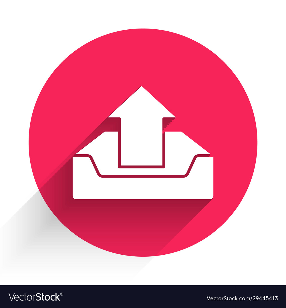 White Upload-Inbox-Symbol isoliert mit langen Schatten vector image White Upload-Inbox-Symbol isoliert mit langen Schatten