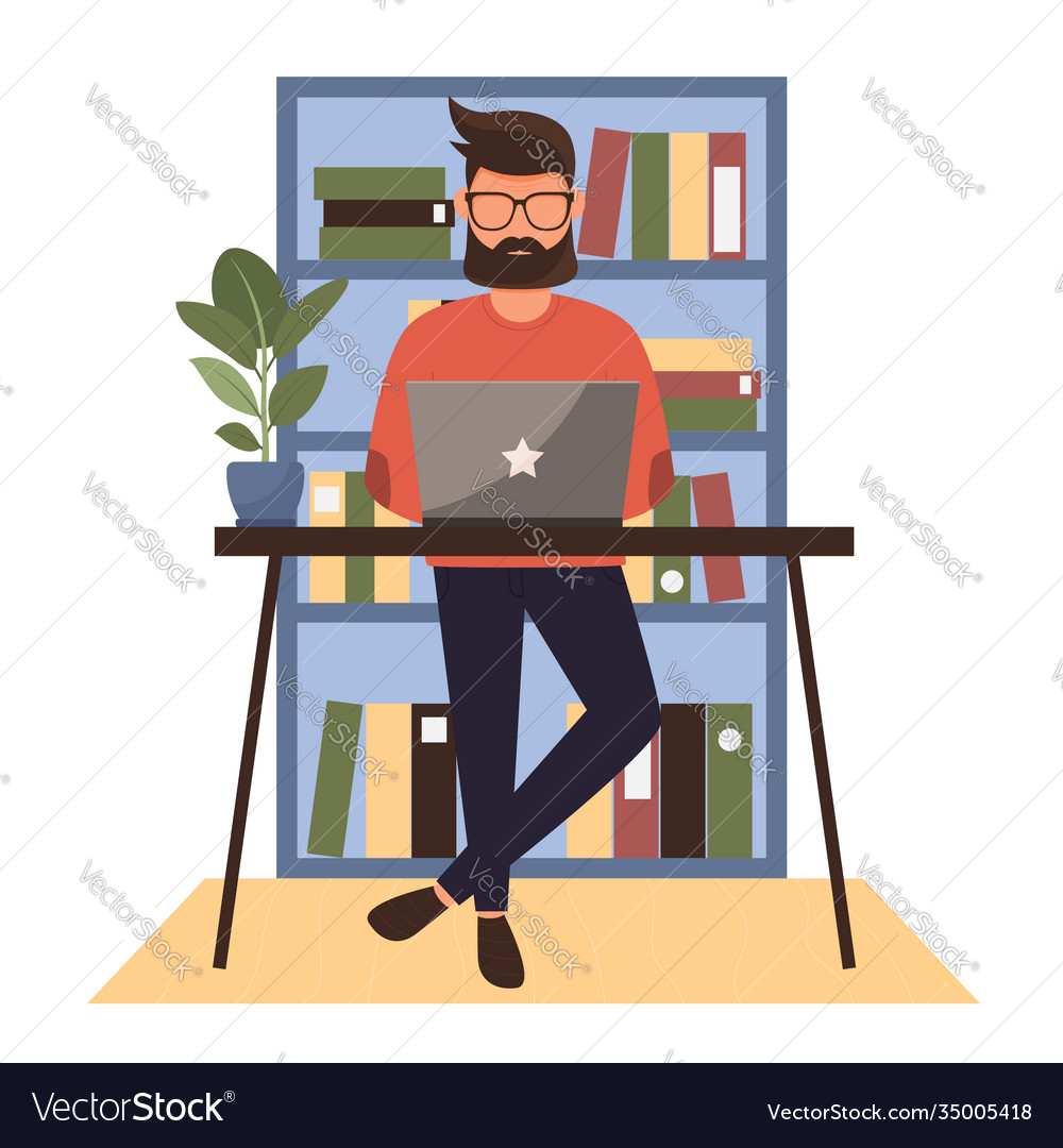 Man working remotely from home standing vector image Man working remotely from home standing
