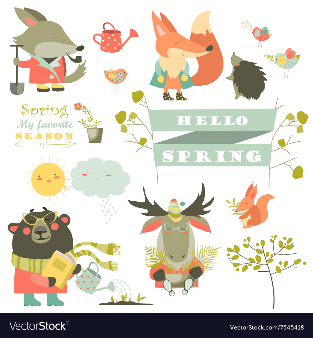 Set of cartoon characters and spring elements Vector Image