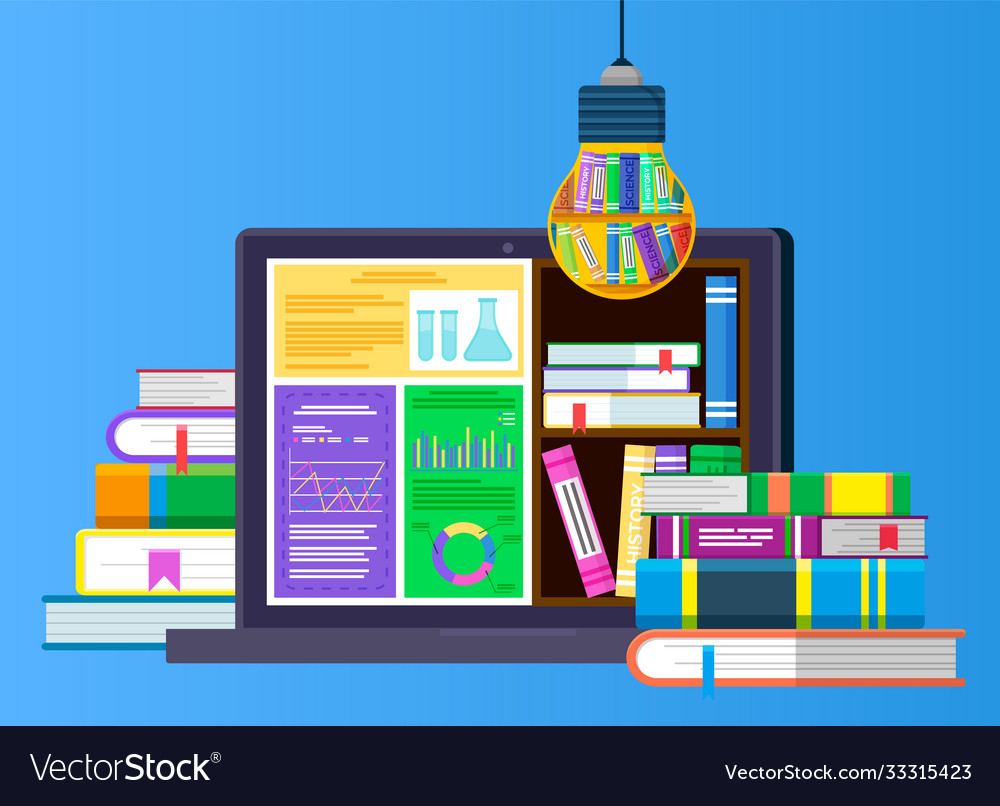 Electronic library laptop with stack books Vector Image