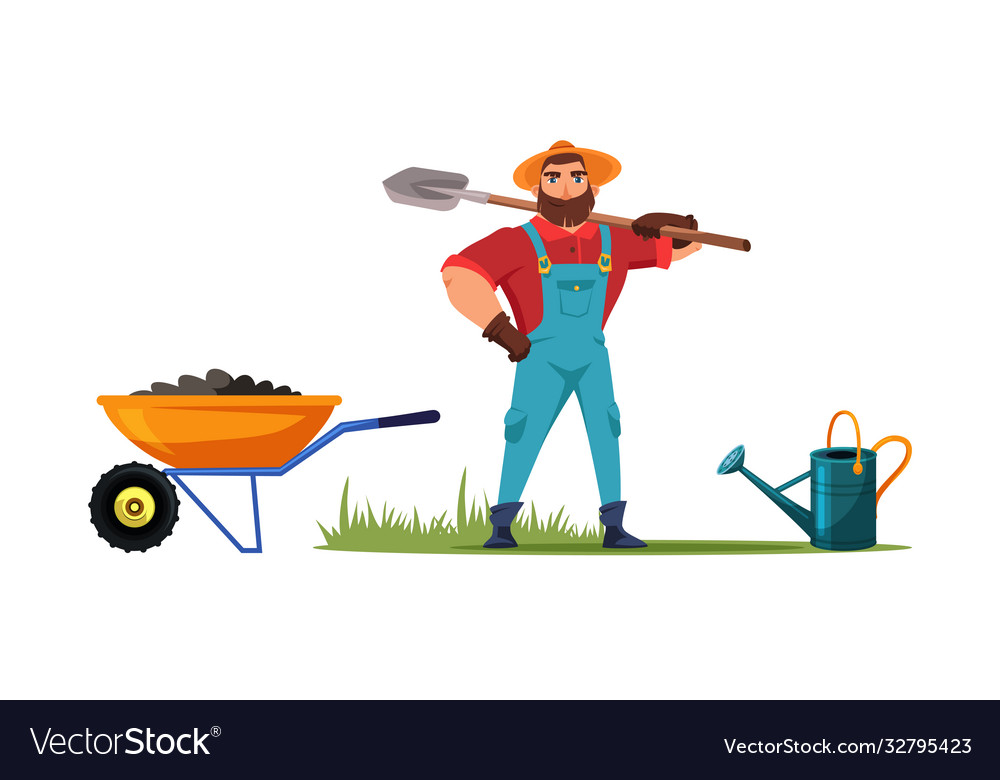 Farmer With Shovel Standing In Garden Or Orchard Vector Image