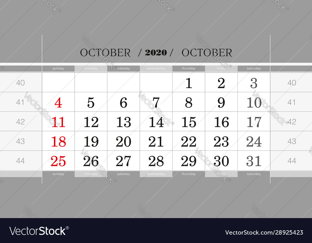 Oktober 2020 vierteljährliche Kalenderblockwand