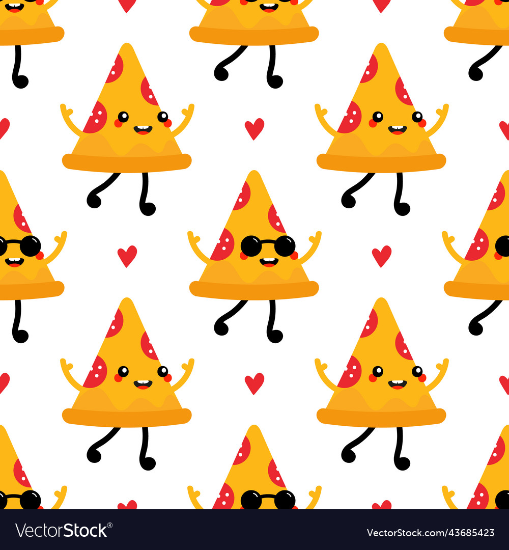 Pizza slice characters and red hearts pattern