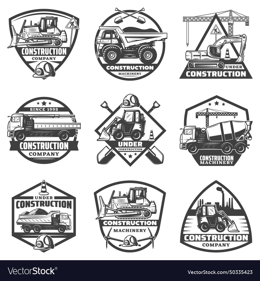 Vintage monochrome construction labels set Vector Image