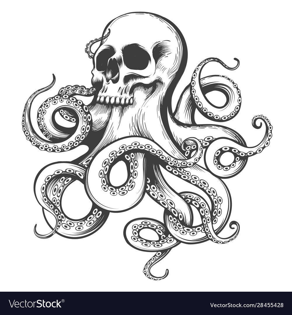 Hand drawn tattoo skull with octopus tentacles Vector Image